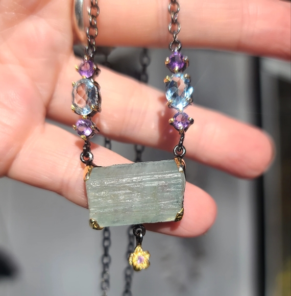 Aquamarine RAW 14k Amethyst &Topaz Sterling rhodium & gold necklace 18" - Picture 4 of 10